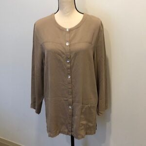 Ann Carson Ladies Silk Blouse Tan Colour 3/4 Sleeve Button Up Shirt Sz  L